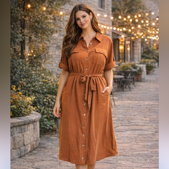 Cato Dresses & Skirts - Rust Orange Belted Shirt Dress Midi Button Front Plus Size XL 14/16W NWT